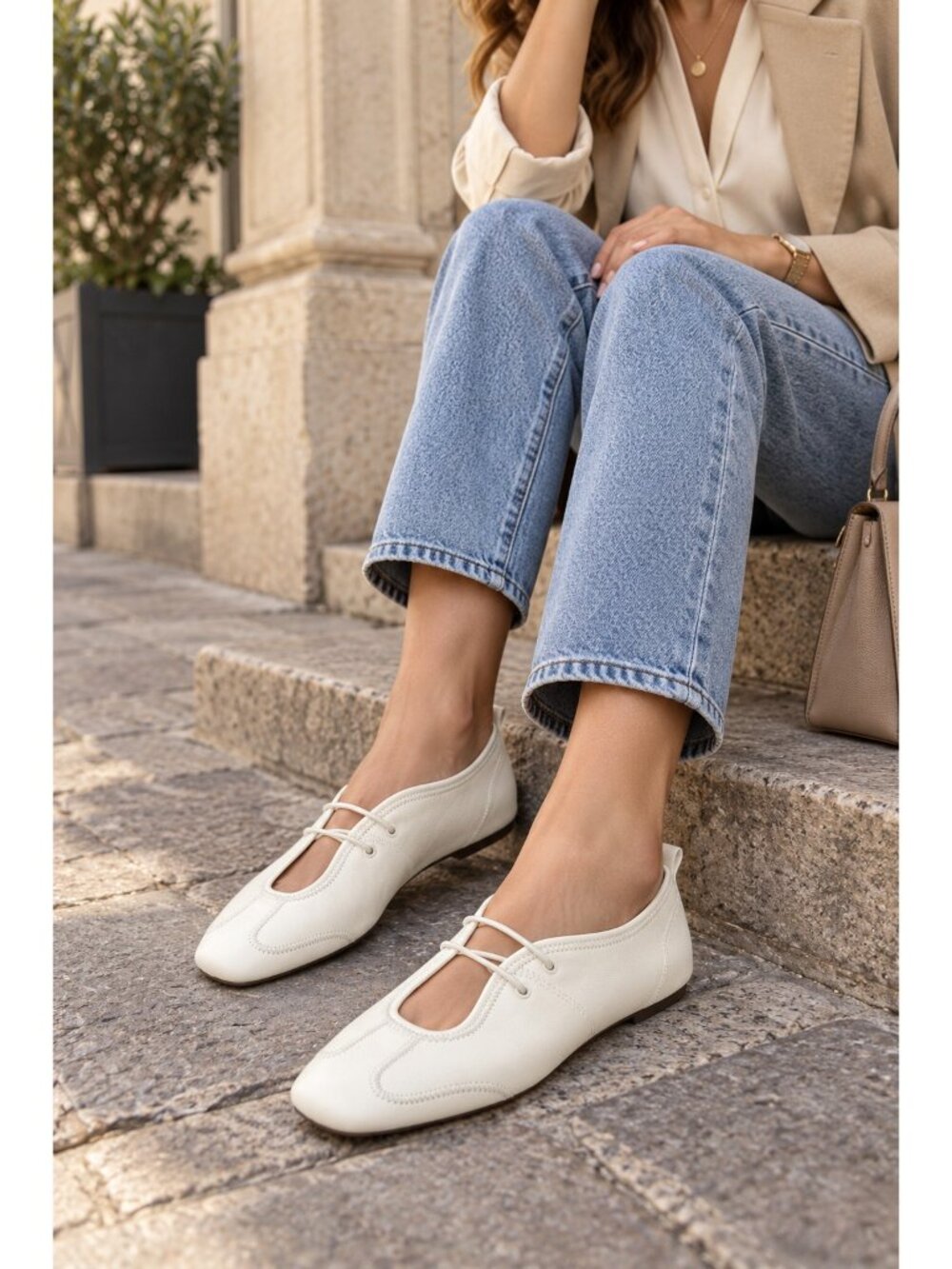 ZARA White Leather Lace Up Ballet Flats EU 36 Square Toe Minimalist Shoes